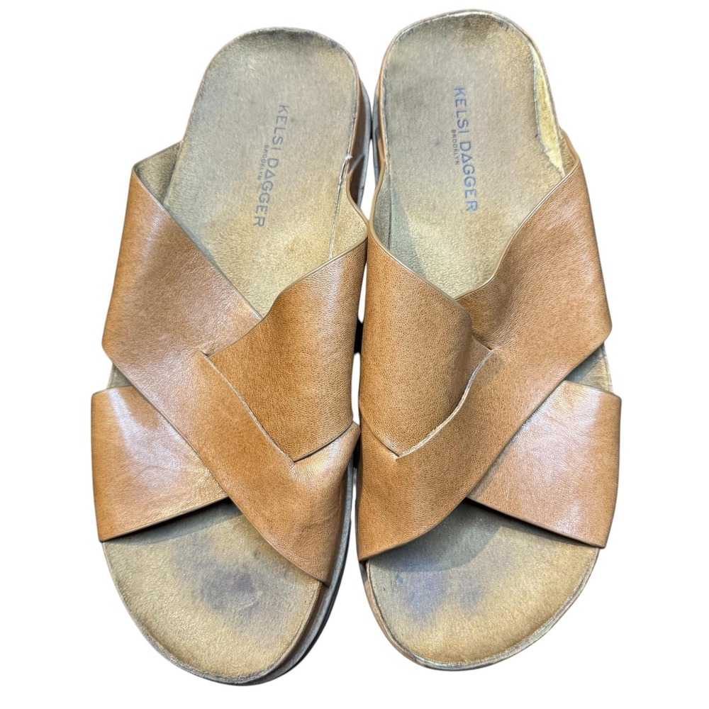 Kelsi Dagger Shoes Womens Size 8.5 Brown Leather Slide Sandals Wedge Comfort